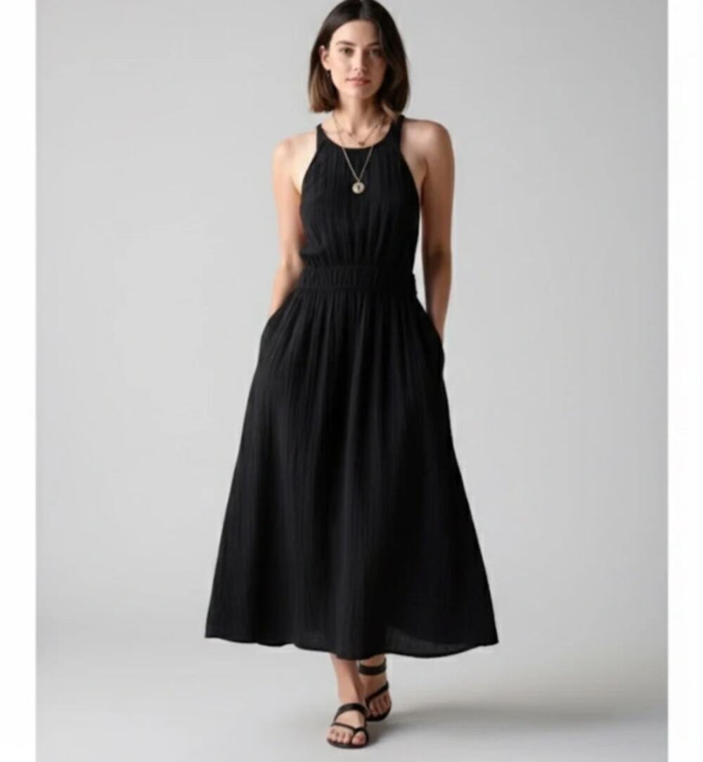 XIRENA Sienna Cross Back Cotton Poplin Maxi Dress Black Sz M $280 {E49}